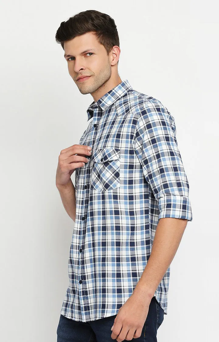 Spykar Men Dark Blue Slim Fit Full Sleeve Checkered Shirt