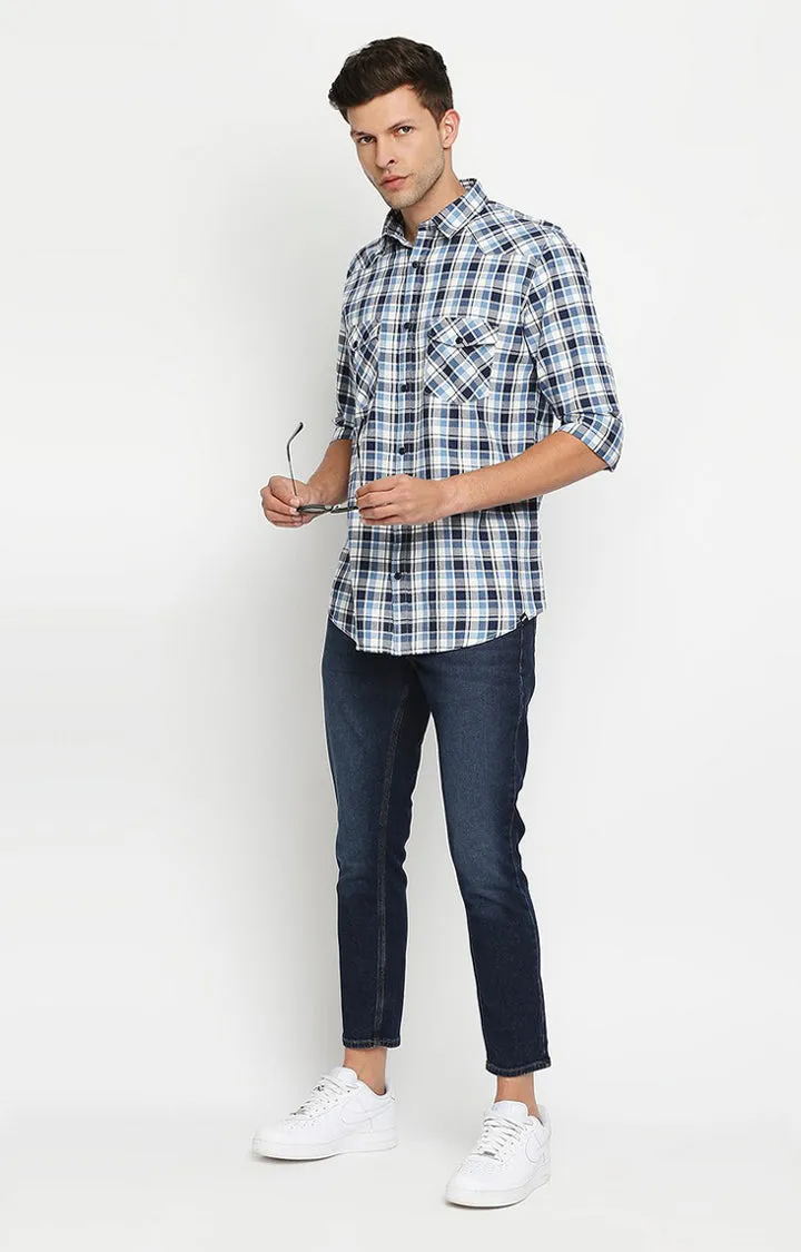 Spykar Men Dark Blue Slim Fit Full Sleeve Checkered Shirt