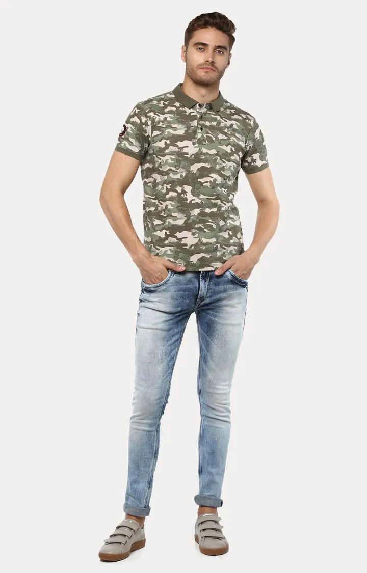 Spykar Men Green Cotton Slim Fit Polo T-Shirt