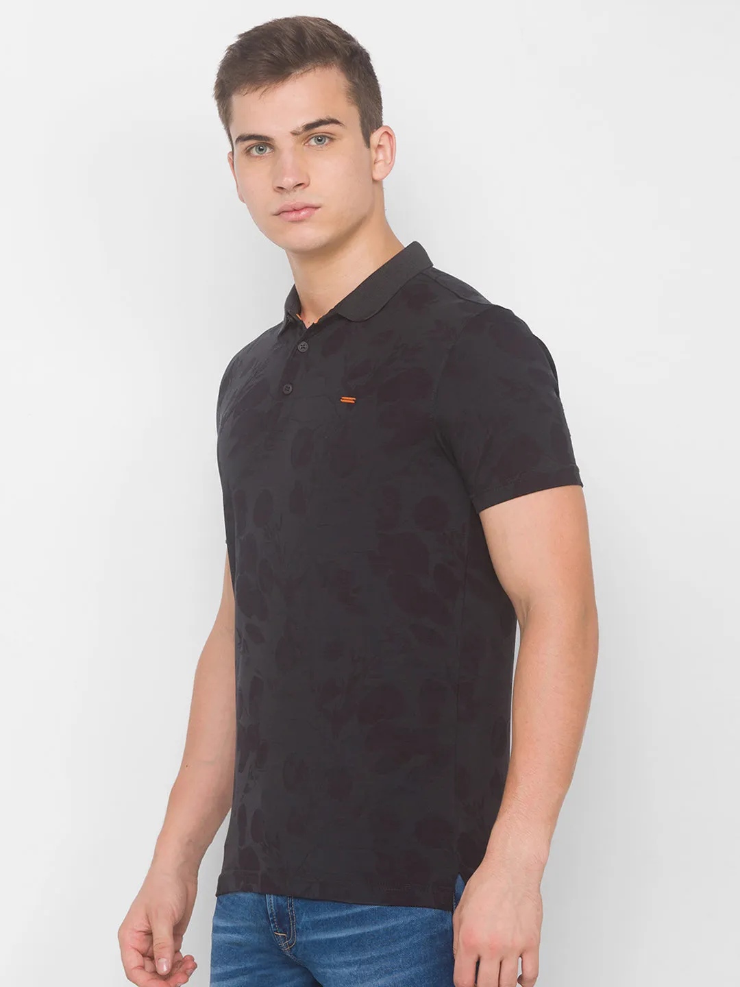 Spykar Men Grey Cotton Blend Slim Fit Polo T-Shirt