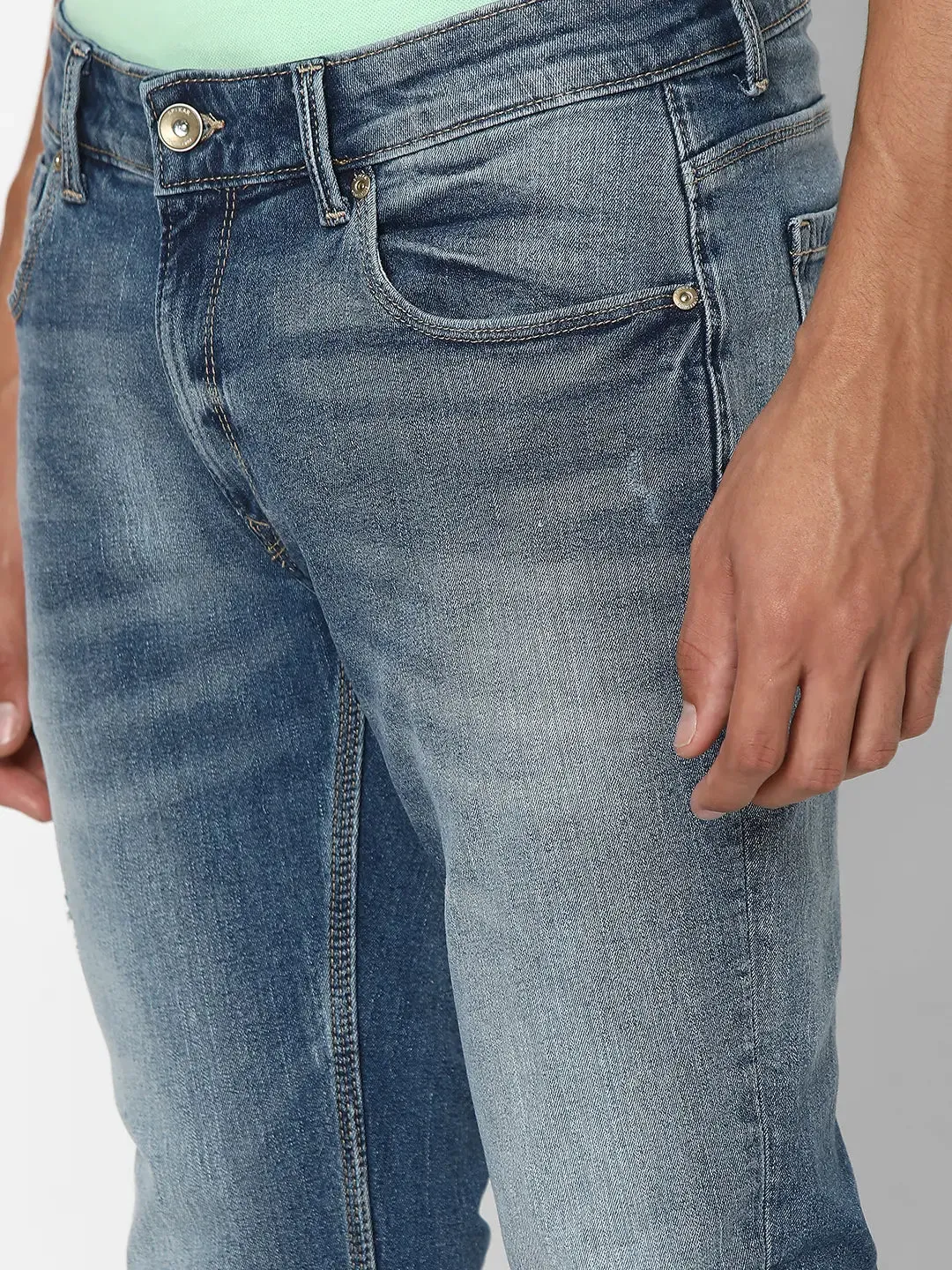 Spykar Men Light Blue Cotton Regular Fit Narrow Length Clean Look Mid Rise Stretchable Jeans (Rover)