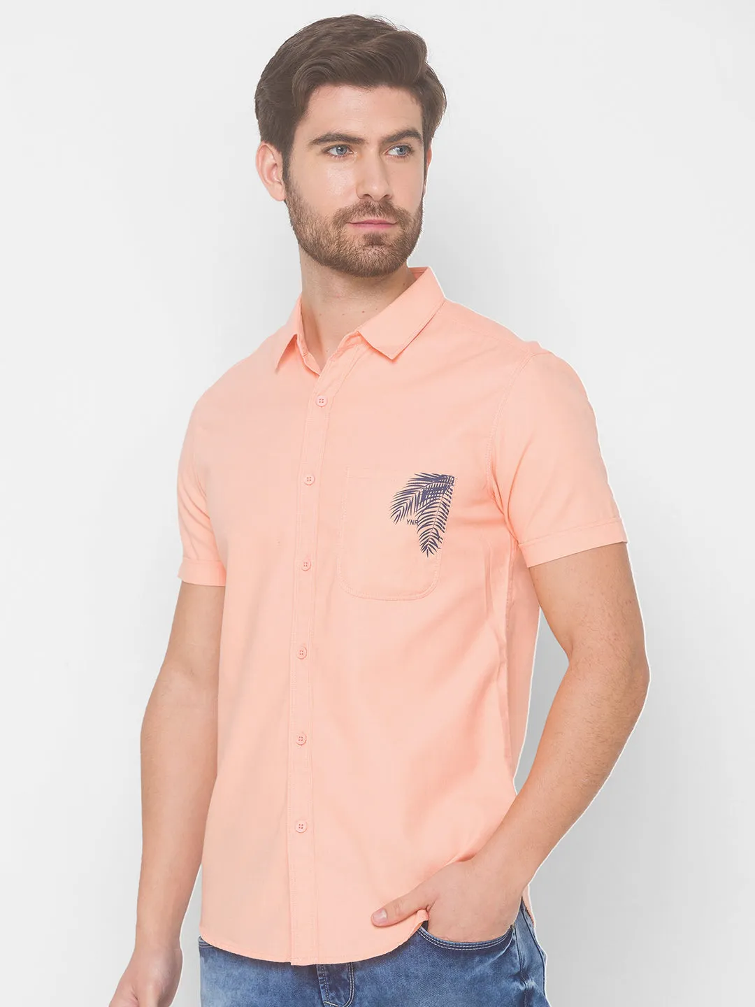 Spykar Men Light Peach Cotton Slim Fit Shirt