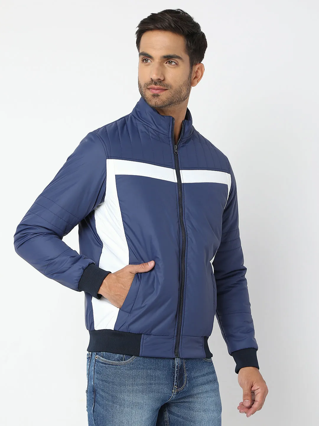 Spykar Men Navy & White Nylon Regular Fit Jacket