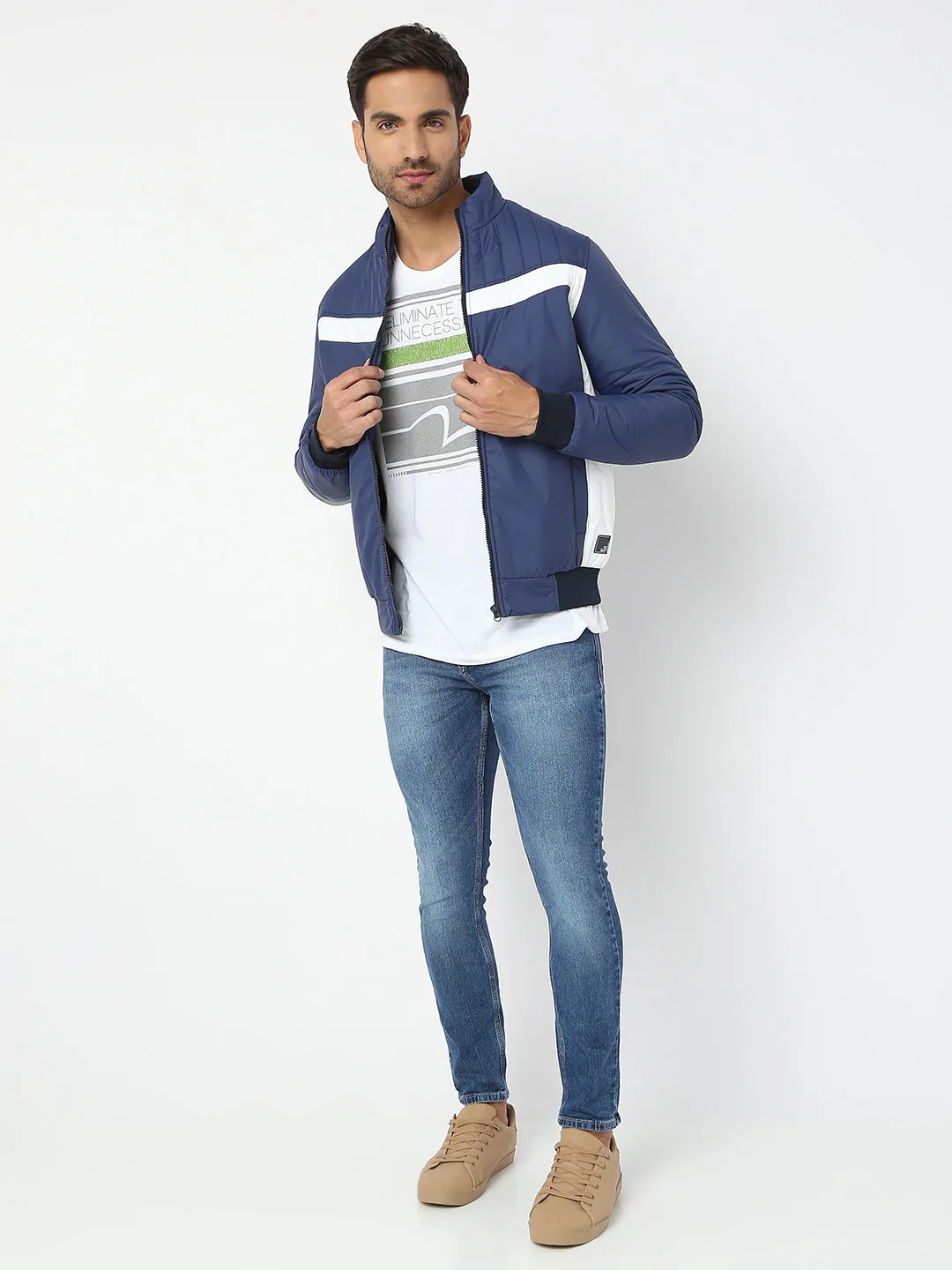 Spykar Men Navy & White Nylon Regular Fit Jacket