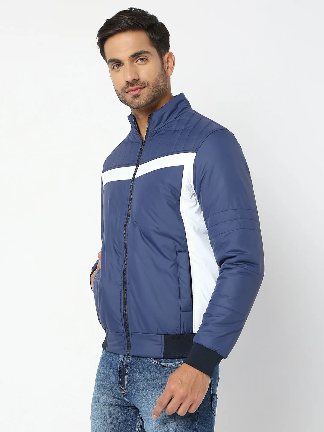 Spykar Men Navy & White Nylon Regular Fit Jacket