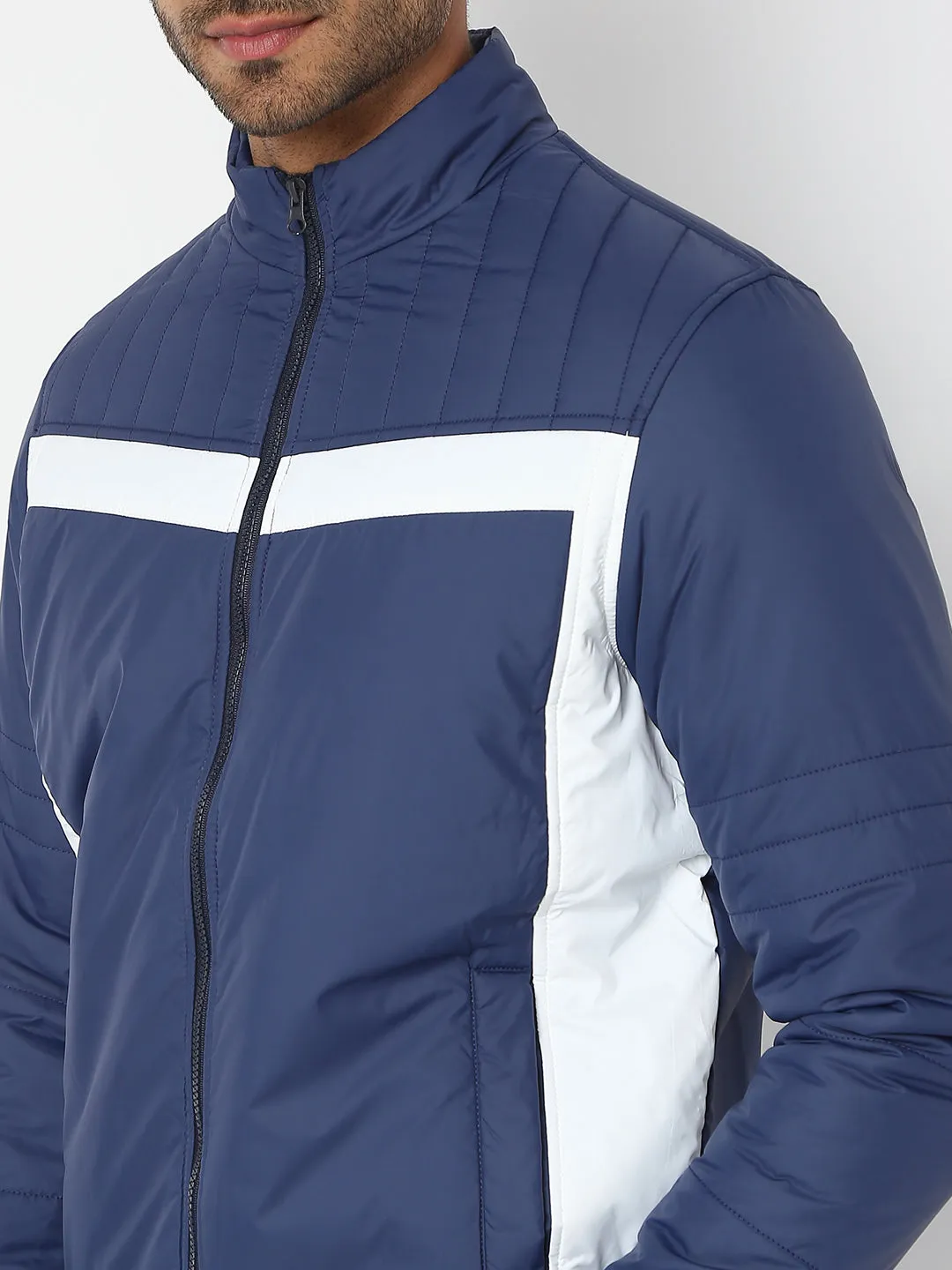 Spykar Men Navy & White Nylon Regular Fit Jacket