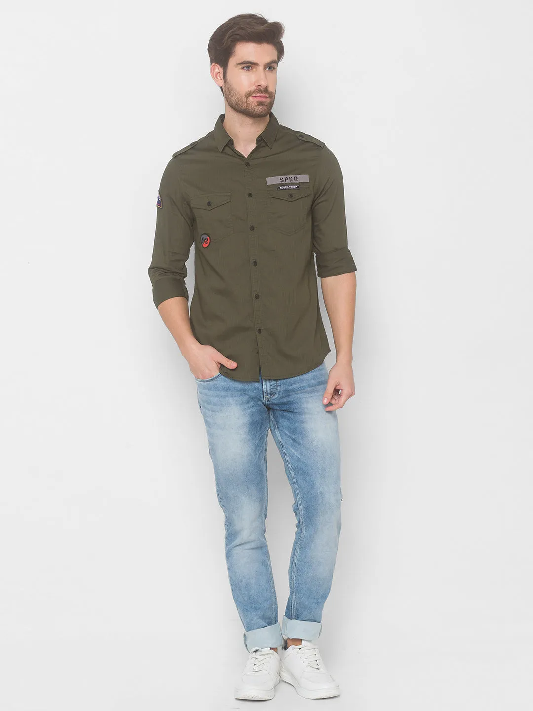 Spykar Men Olive Green Cotton Slim Fit Shirt