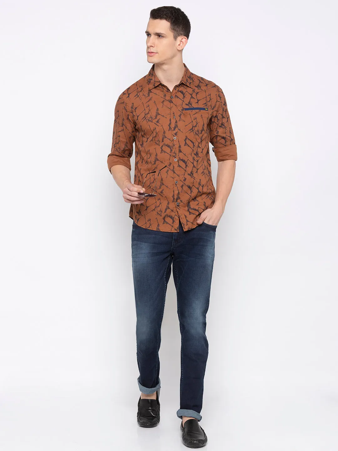 Spykar Men Rust Printed Slim Fit Casual Shirt