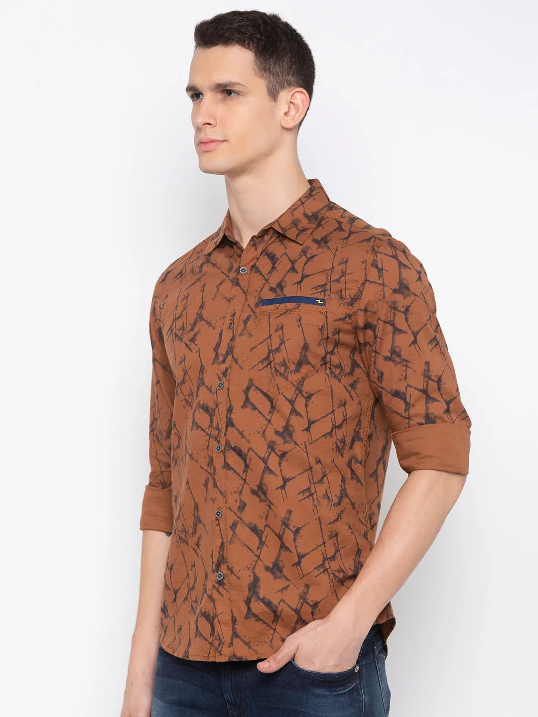 Spykar Men Rust Printed Slim Fit Casual Shirt