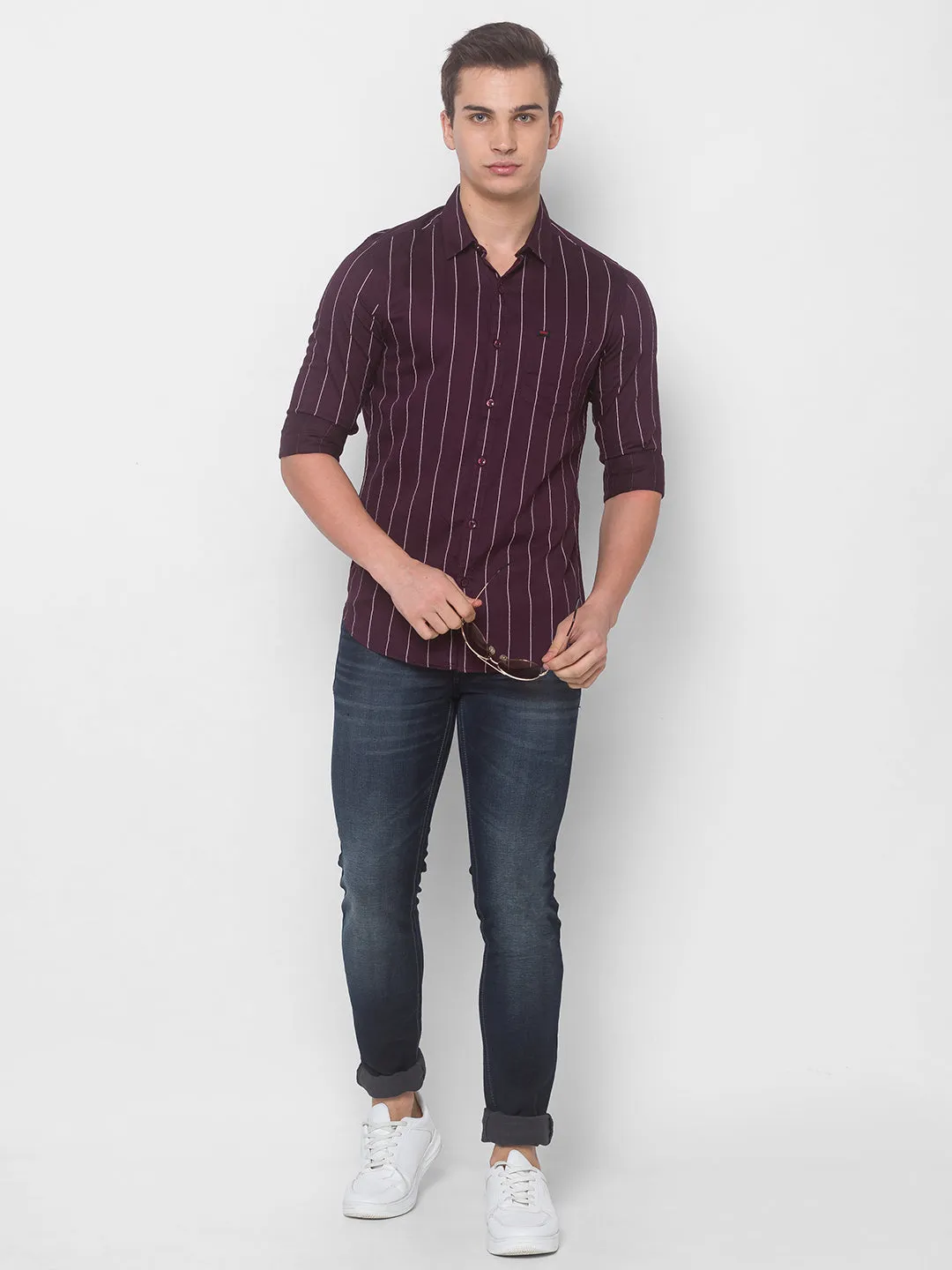 Spykar Men Wine Cotton Slim Fit Shirt