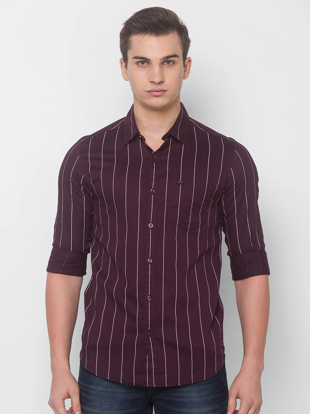 Spykar Men Wine Cotton Slim Fit Shirt