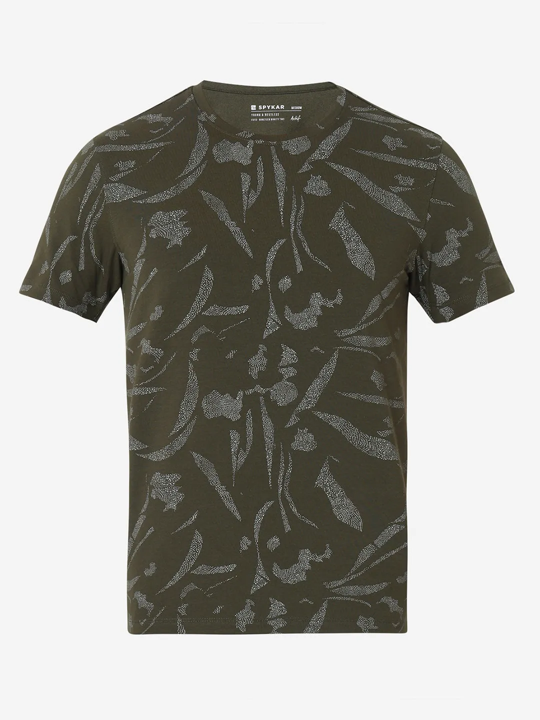 Spykar Slim Fit Printed Round Neck Green T-Shirt For Men