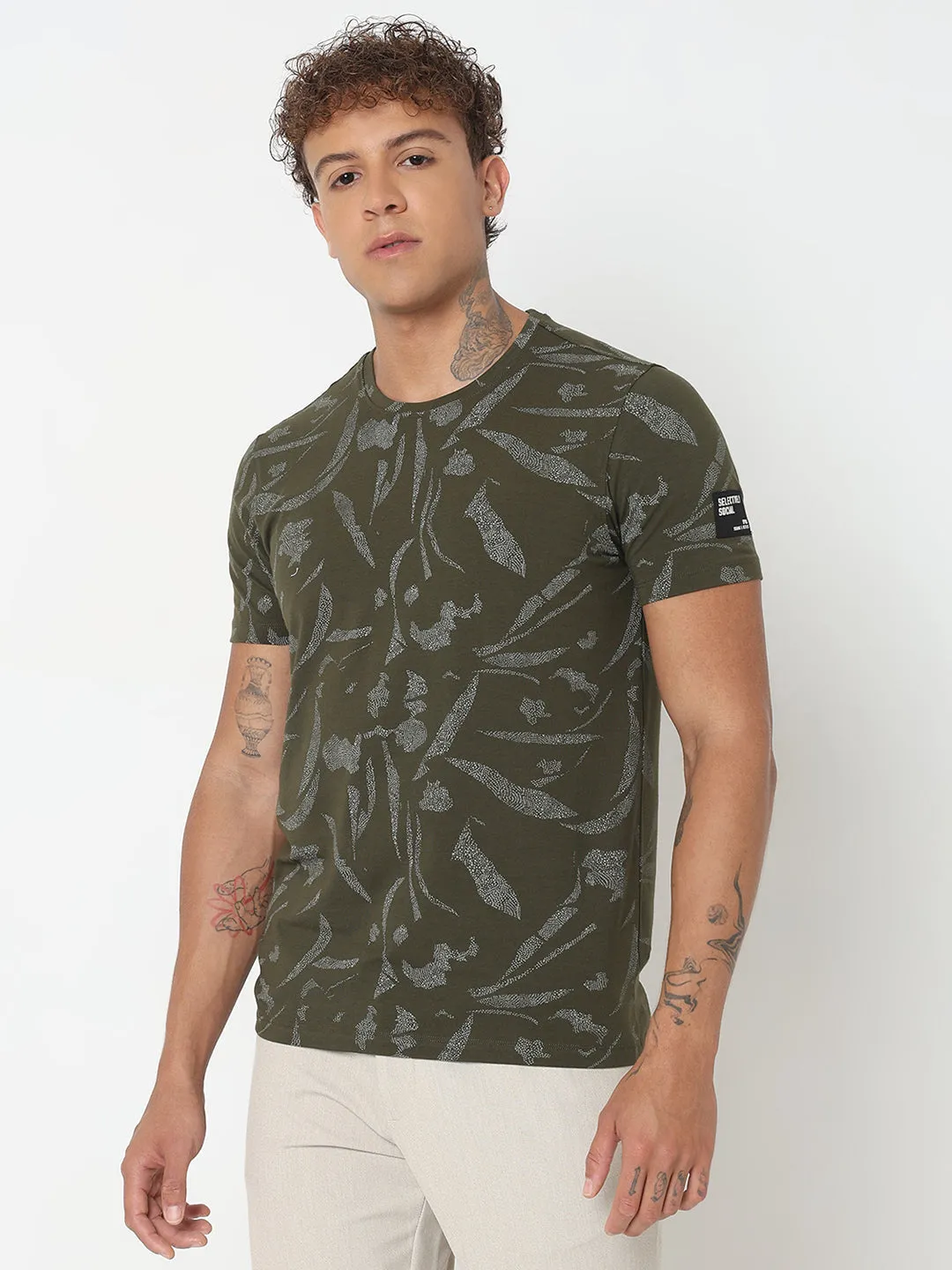 Spykar Slim Fit Printed Round Neck Green T-Shirt For Men