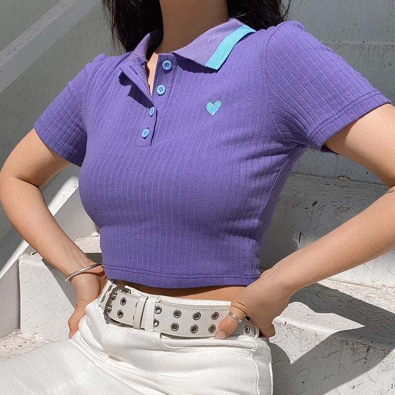Summer Purple Streetwear Contrast Color Turn Down Collar Crop Top Short Sleeve Tees