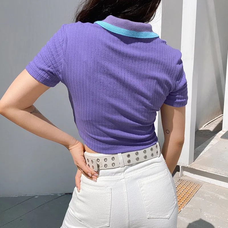 Summer Purple Streetwear Contrast Color Turn Down Collar Crop Top Short Sleeve Tees