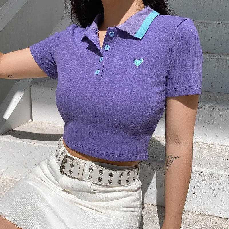 Summer Purple Streetwear Contrast Color Turn Down Collar Crop Top Short Sleeve Tees