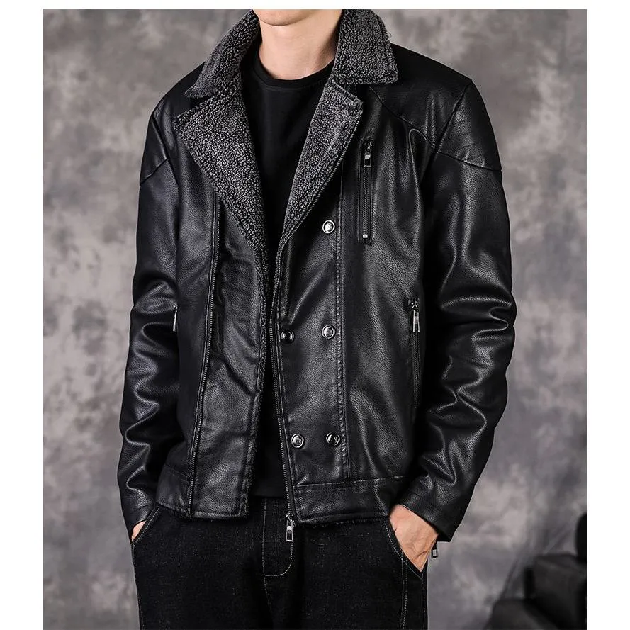 Thick Notch Collar Fleece-Lined Biker Jacket