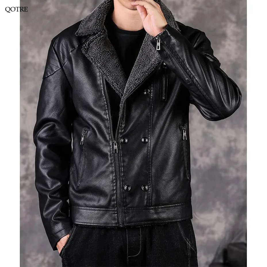 Thick Notch Collar Fleece-Lined Biker Jacket