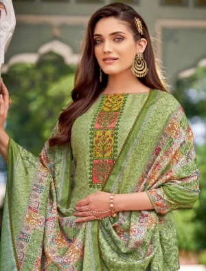Unstitched Cotton Green Pakistani Karachi Suits Dress Material with Dupatta