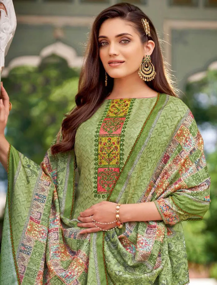 Unstitched Cotton Green Pakistani Karachi Suits Dress Material with Dupatta