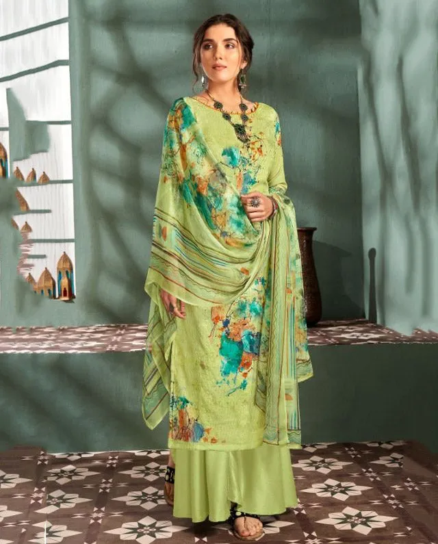 Unstitched Printed Green Ladies cotton Suits With Chiffon dupatta
