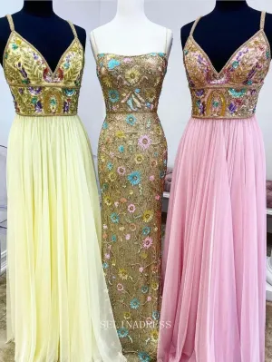 V neck Colorful Beads Prom Dress Beautiful Long Formal Dresses Evening Dress KPY069