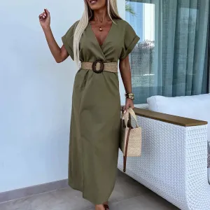 V-neck High Waist Office A-line Solid Party Casual Short Sleeved Split Vestido Summer Lady Dress