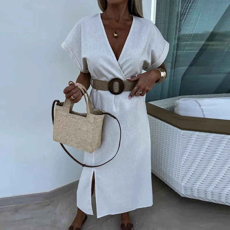 V-neck High Waist Office A-line Solid Party Casual Short Sleeved Split Vestido Summer Lady Dress