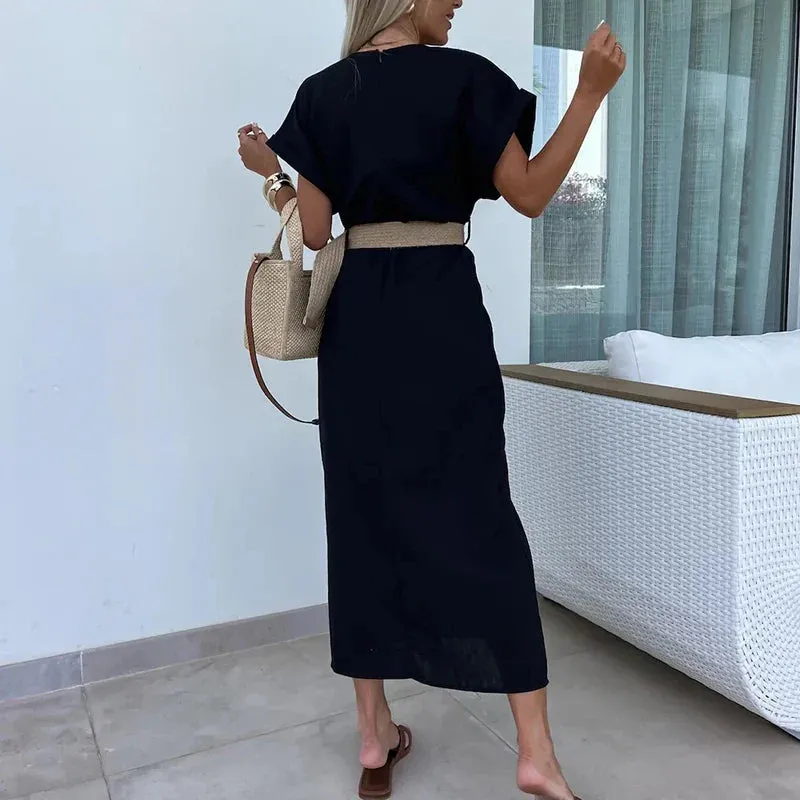 V-neck High Waist Office A-line Solid Party Casual Short Sleeved Split Vestido Summer Lady Dress