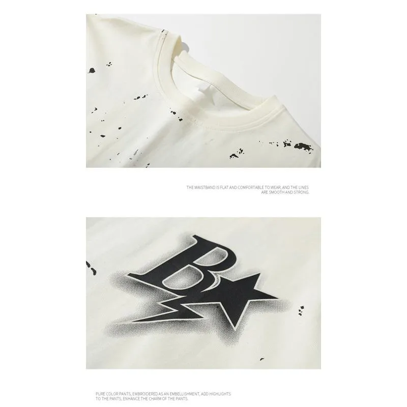 Versatile Ink Splashing Print Pure Cotton Comfortable Drop Shoulder Short Sleeve Tee