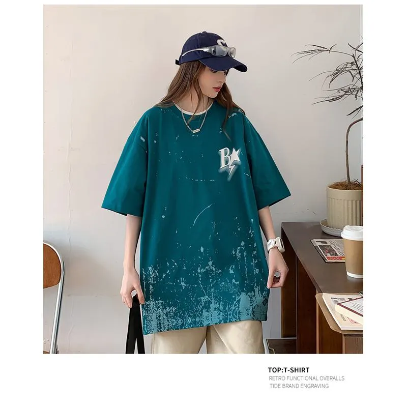 Versatile Ink Splashing Print Pure Cotton Comfortable Drop Shoulder Short Sleeve Tee