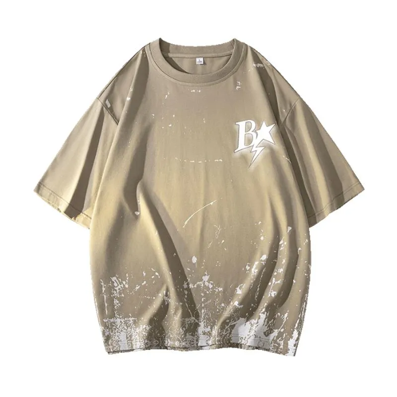 Versatile Ink Splashing Print Pure Cotton Comfortable Drop Shoulder Short Sleeve Tee