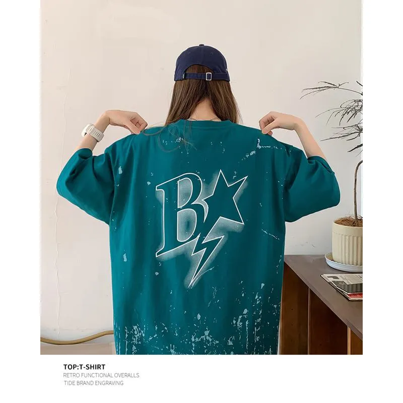 Versatile Ink Splashing Print Pure Cotton Comfortable Drop Shoulder Short Sleeve Tee