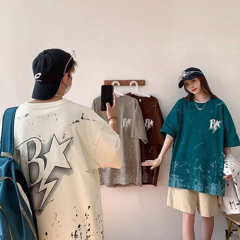 Versatile Ink Splashing Print Pure Cotton Comfortable Drop Shoulder Short Sleeve Tee