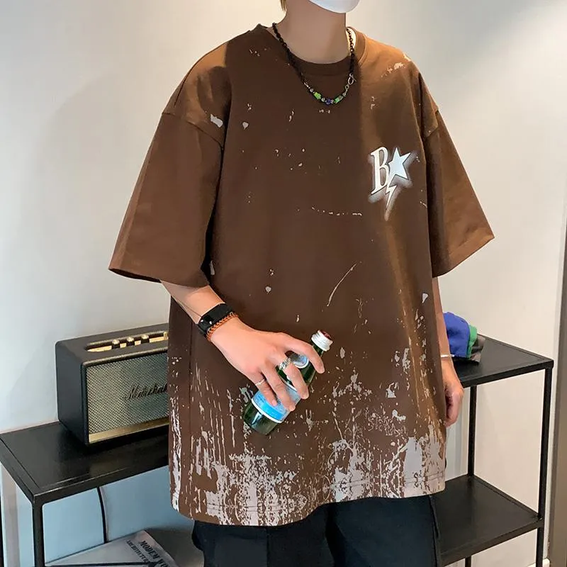 Versatile Ink Splashing Print Pure Cotton Comfortable Drop Shoulder Short Sleeve Tee