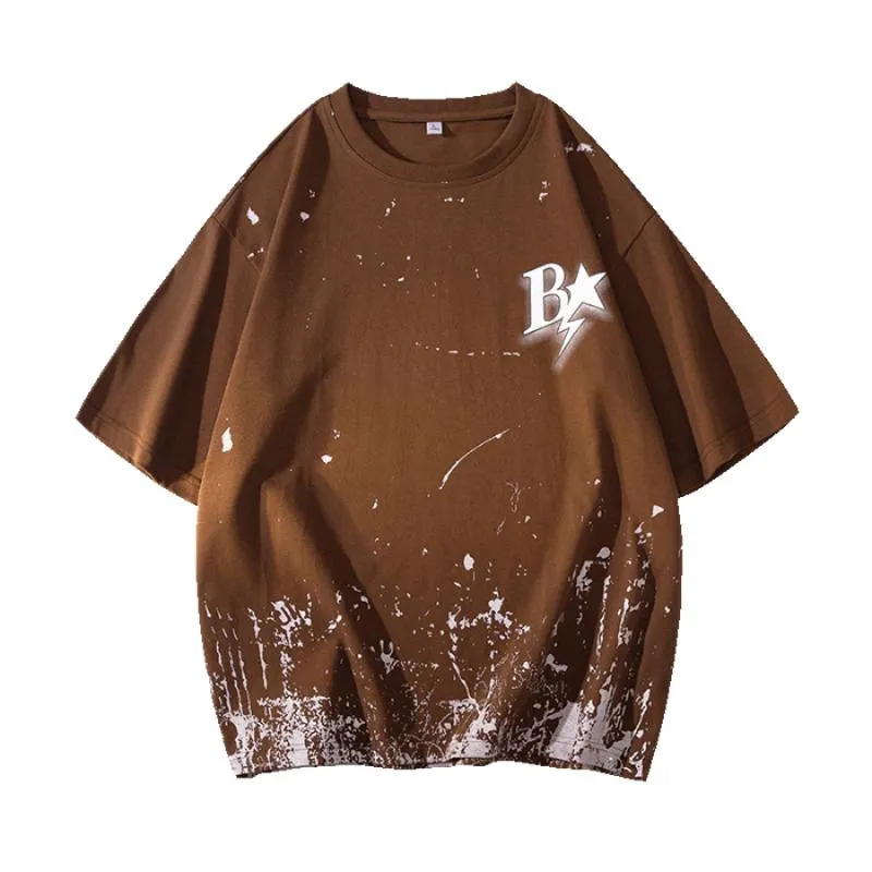 Versatile Ink Splashing Print Pure Cotton Comfortable Drop Shoulder Short Sleeve Tee