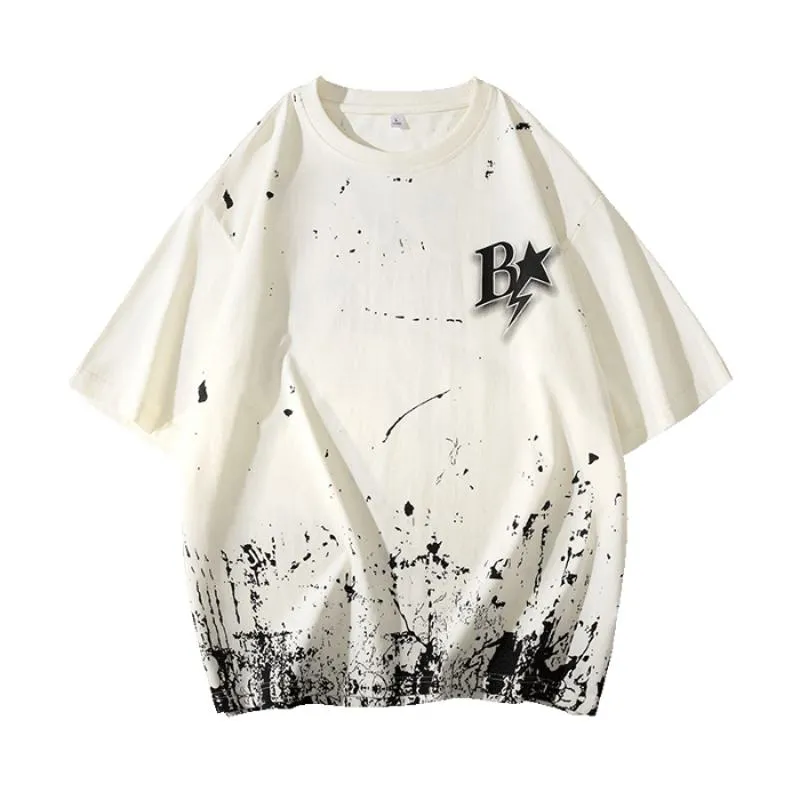 Versatile Ink Splashing Print Pure Cotton Comfortable Drop Shoulder Short Sleeve Tee