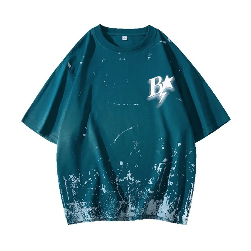 Versatile Ink Splashing Print Pure Cotton Comfortable Drop Shoulder Short Sleeve Tee