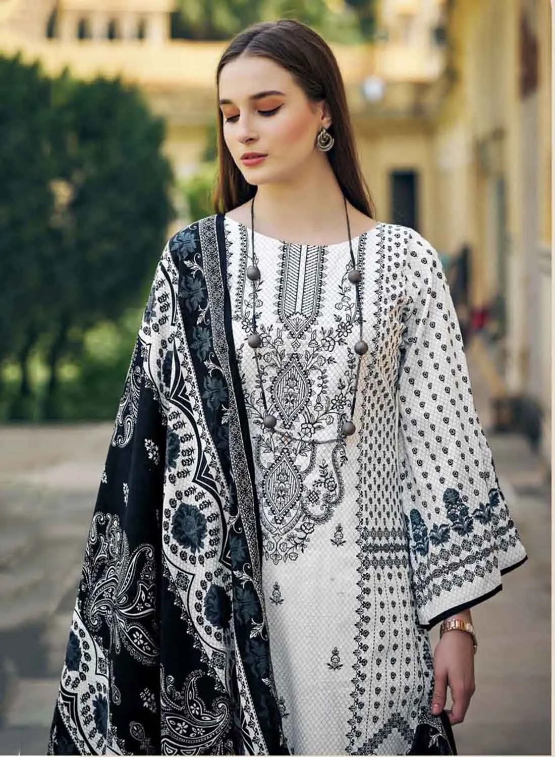 White Pakistani Print Unstitched Pure Cotton Suit with Embroidery