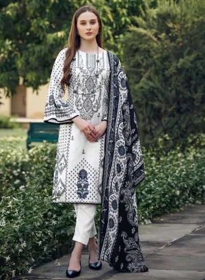 White Pakistani Print Unstitched Pure Cotton Suit with Embroidery