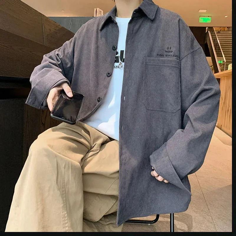 WIAOFELLAS -  Men's Corduroy Fabric Pure Color Loose Casual Shirts Front Pocket Lapel Collar Long Sleeve Shirts Clothes Camisa Masculina
