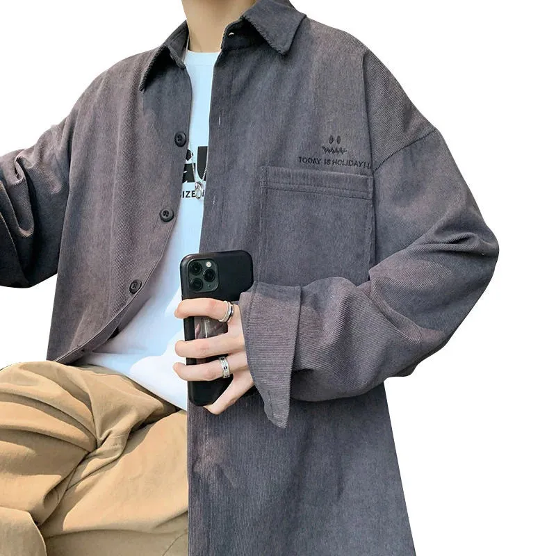 WIAOFELLAS -  Men's Corduroy Fabric Pure Color Loose Casual Shirts Front Pocket Lapel Collar Long Sleeve Shirts Clothes Camisa Masculina