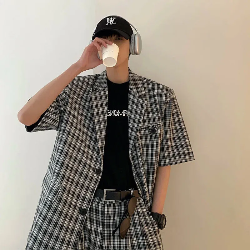WIAOFELLAS -  (shorts suit Jackets) Summer Men's Loose Black And White Plaid Short Sleeved Suit Jackets High Quality Mens Sets Suit S-XL