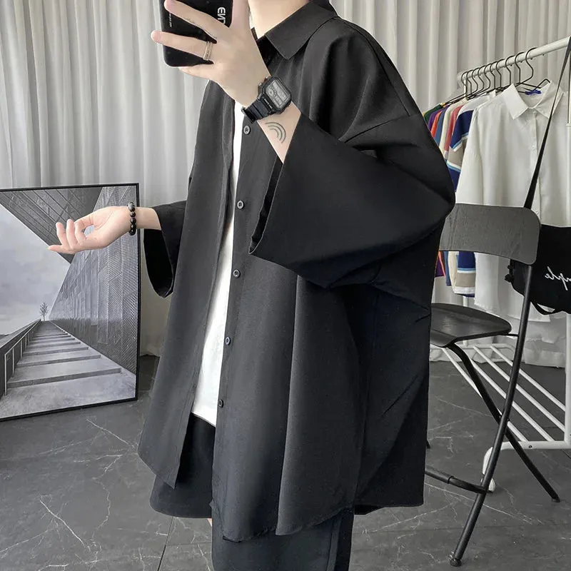 Wiaofellas  -  Told Tale Oversized Men's Shirts Black/White Harajuku Men Seven Sleeves Casual Shirt Tops Summer Daily Streetwear Man Blouse