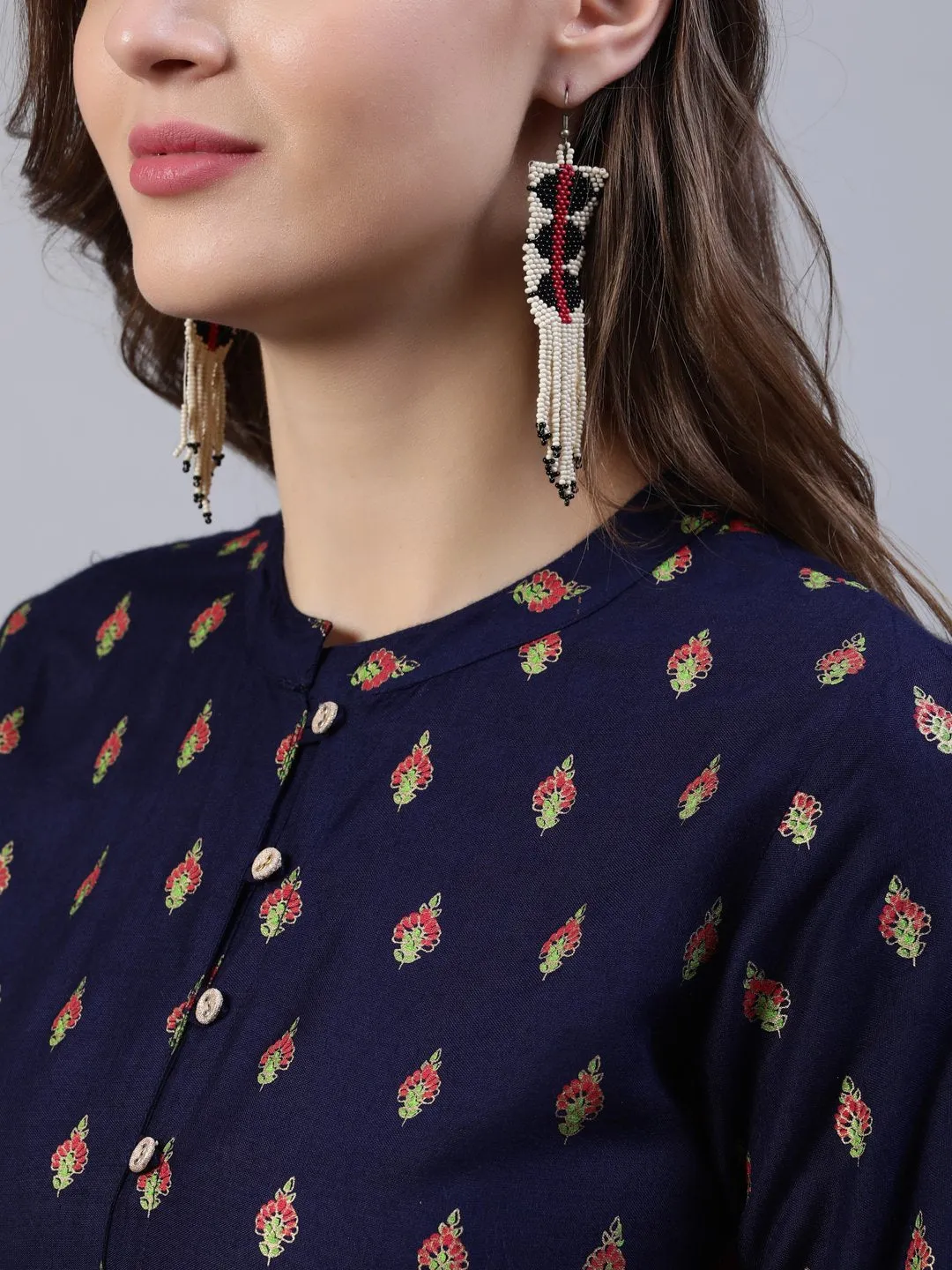 Women Navy Blue Printed Dress With Three Quarter Sleeves