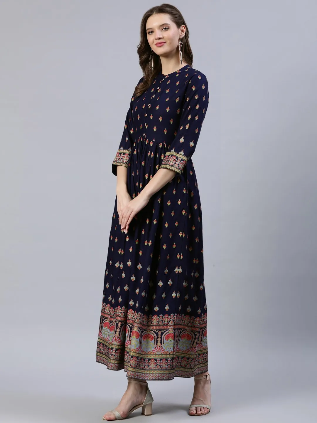 Women Navy Blue Printed Dress With Three Quarter Sleeves