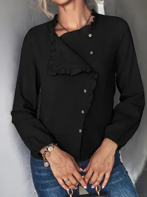 Women's Blouses Fashion Solid Color Button Ruffle Casual Blouse