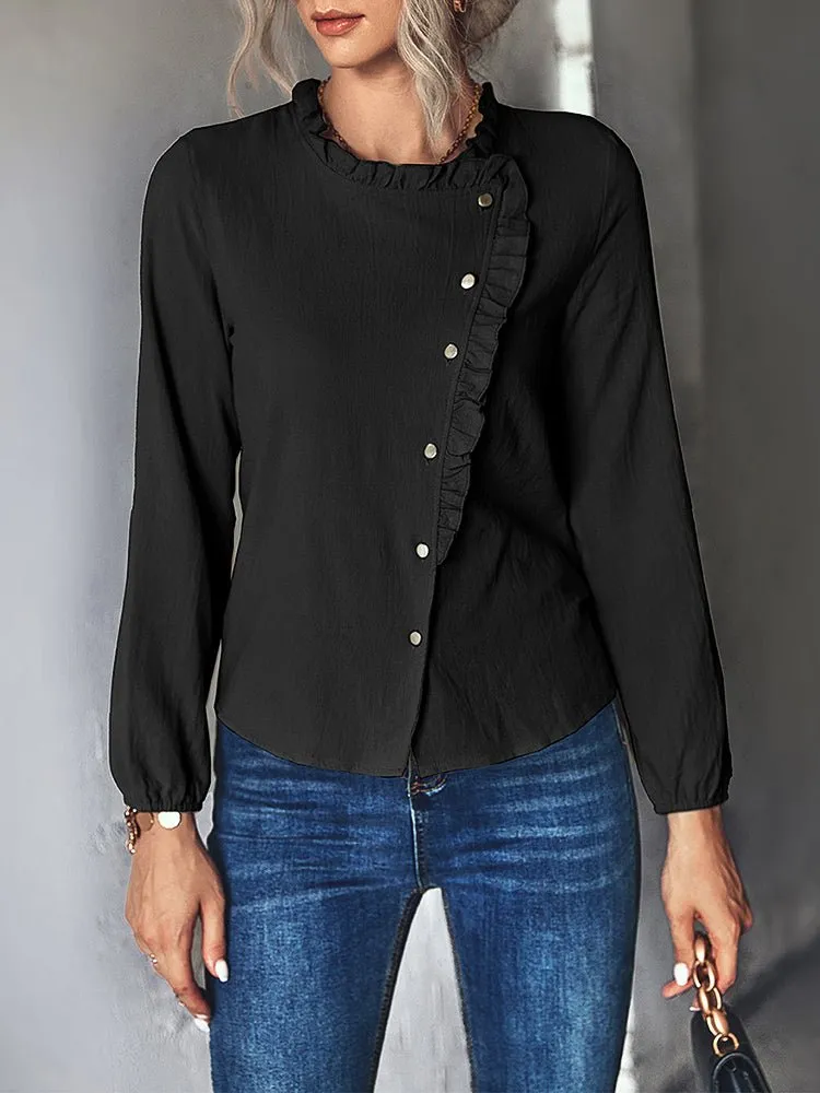 Women's Blouses Fashion Solid Color Button Ruffle Casual Blouse
