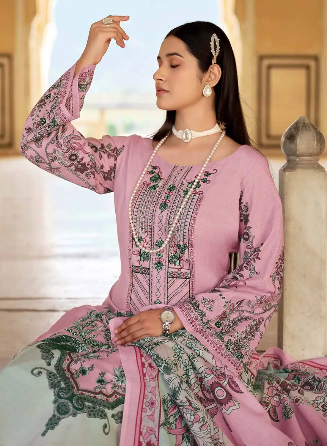 Women's Pakistani Print Unstitched Cotton Suit Set with Embroidery