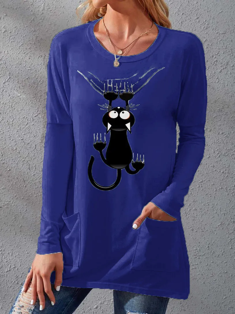 Women's T-Shirts Cat Print Crew Neck Pocket Long Sleeve T-Shirts